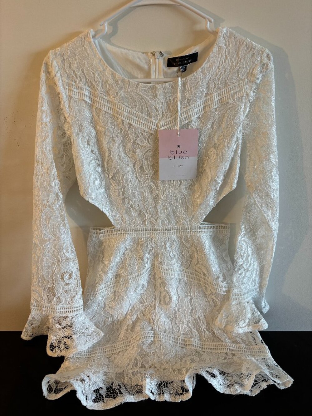 NWT White Lace Long Sleeve Mini Dress with Side Cut Outs